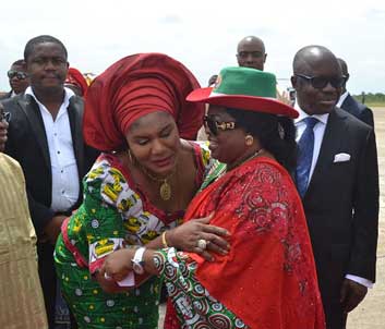 rally: Anambra State Governor's wife, Chief Ebelechukwu  Obiano, welcoming the First Lady of Nigeria, Dame Patience Jonathan, on arrival for the women rally, in Onitsha, yesterday.