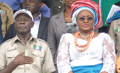 Apc Women rally: From left: Governor Adams Oshiomhole of Edo State and wife of APC presidential candidate, Hajia Aisha Buhari, during Apc Women rally, at Samuel Ogbemudia Stadium in Benin City, Edo State. Photo: Barnabas Uzosike.