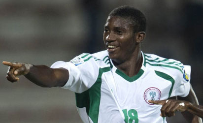 WAY TO NEW ZEALAND: Taiwo Awoniyi points the way to New Zealand 2015 after scoring against Congo yesterday.