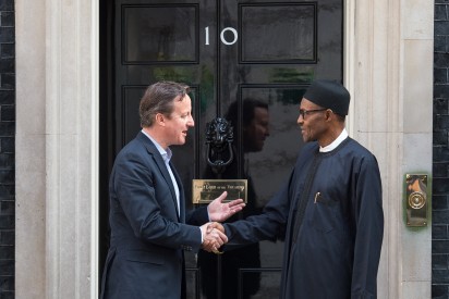 Britain's Prime Minister David Cameron (L) shakes hands with Nigeria's President-elect Muhammadu Buhari following a meeting in Downing Street, central London on May 23, 2015. AFP PHOTO / LEON NEAL