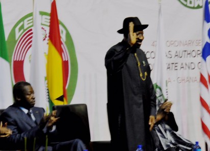President Jonathan acknowledging cheers at the 47th ECOWAS Summit, Accra, Ghana, May 19