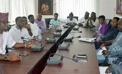 From Left; Hon Fajemilehin Ayodele, Gboyin, Hon Adeniran Alagbada, Ise/Orun, Hon Dr STB Omotoso, Oye 1, Hon Akinleye Ekundayo, Ijero, Hon Akinyele Olatunji, Oye 2, Hon Olusegun Adewumi, Ekiti West, Hon Pastor Kola Olwawole, Moba 1, Leader of Delegate, Hon Chief Gboyega Aribisogan, Ikole1, Hon Sina Animasaun, Ekiti West 2, Hon Princess Tiltilayo Owolabi, Ikole2, All are Honurable Member Elect from Ekiti , during the Courtesy visit to Vanguard Newspaper, by Honurable Member Elect from Ekiti State, on wednesday, PHOTOS; Kehinde Gbadamosi