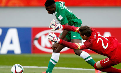 Isaac Success of Nigeria goes around goalkeeper, Jean of Brazil to score his teams first goal of the game during the FIFA U-20 World Cup New Zealand 2015 Group E match between Nigeria and Brazil held at Stadium Taranaki on June 1, 2015 in New Plymouth, New Zealand. (Photo by FIFA