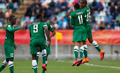 NEW PLYMOUTH, NEW ZEALAND - JUNE 01: Musa Yahaya #11 of Nigeria celebrates with team mates after he scores his teams second goal during the FIFA U-20 World Cup New Zealand 2015 Group E match between Nigeria and Brazil held at Stadium Taranaki on June 1, 2015 in New Plymouth, New Zealand. FIFA