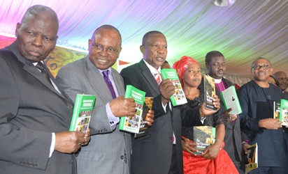BOOK LAUNCH: From left, Dr Christopher Kolade; Prof Anya.O. Anya, chairman of occasion; Mazi Sam Ohuabunwa, author of the books; Mrs Stella Ohuabunwa, wife of author; Bishop of Lagos West, Anglican Communion, Rt Rev James Odedeji and Sir Peter Obi, former Governor of Anambra State, during the book presentation and 65th birthday of Mazi Sam Ohuabunwa, in Lagos, yesterday. Photo: Kehinde Gbadamosi 