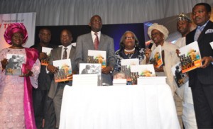 From left:Olori Titilola Akiolu, Mr. Dapo Adeniyi, Co-Author, Mr. Hakeem Bello, Special Adviser on medial to Mr. Babatunde Fashola, former governor of Lagos, and Authors of the Book, Mr. Babatunde Fashola, Guest Honour, Justice Funmilayo Atilade, Chief Judge of Lagos state, Alhaja Lateefah Okunnun, former deputy governor of Lagos state, Hon. Gbenga Makanjuola, Chief of staff to Senate president and representing the senate president and Otunba Bimbo Ashiru, Ogun state Commissioner for Commerce and Industry, representing Governor of Ogun state, during the Presentation of Three New titles Books, The Great Leap, In Bold Print and The Lagos Blow Dawn in the Honour of Mr. Babatunde Fashola, former governor of Lagos state by Hakeem Bello, at Mosum centre, Lagos Island. on. 18/08/2015. Photo: Bunmi Azeez