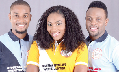 L-R:   Alex Ekubo,choreographer;    Ebube Nwagbo, Nollywood actress and  MelvinOduah, winner,  Gulder Ultimate Search, runner-up  Mr Nigeria and  BigBrother Africa,  all brand ambassadors of  Nigeria Teens and Twenties Audition