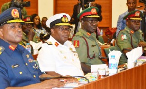 Screening: From left, Chief of Air Staff, Air Vice Marshal Sadiq Baba Abubakar; Chief of Naval Staff, Rear Admiral Ibok-Ete Ekwe Ibas; Chief of Army Staff, Major General Tukur Burutai and Chief of Defence Staff, Major-General Abayomi Gabriel during Service Chiefs confirmation meeting with Ad-Hoc Committee on Screening of the Service Chiefs of the Senate, at the National Assembly, Abuja, yesterday. Photo: Gbemiga Olamikan.