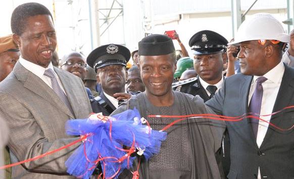 L-R His Excellency, President of the Republic of Zambia, Mr. Edgar Chagwa Lungu; His Excellency, Vice President of the Federal Republic of Nigeria, Professor Yemi Osinbajo; President/CE, Dangote Industries Limited, Alhaji Aliko Dangote, during the unveiling of Dangote Cement Plant Zambia, a few minutes ago.  