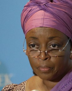 Nigerian petroleum resources minister Diezani Alison-Madueke listens to a question following a speech at the IHS CERAWeek energy conference Tuesday, March 4, 2014, in Houston. (AP Photo/Pat Sullivan)
