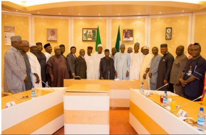 Maiden meeting between President Muhammadu Buhari and leaders of both chambers of the National Assembly, held at the First Lady's Conference Room, in the Presidential Villa, on Wednesday night, October 8, 2015.