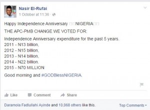 El-Rufai's Facebook post on Jonathan's spending for Independence Anniversaries (2011-2014)