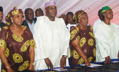 From left Amb Olatokunbo Awolowo- Dosumu , Alh Atiku Abubakar former Vice President Rev Dr Mrs Omotola Oyediran and Prof kayode Oyediran former V C U I at the ceremony Photo Shola Oyelese