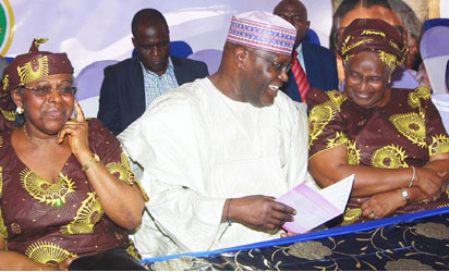 At the presentation of the Book ,' In the Radiance of the sage; the Life and Time of HID Awolowo' in honour of Late Chief Dr Mrs HID Awolowo' at Ikenne on 18112015 Pix shows from left Amb Olatokunbo Awolowo-Dosumu , Alh Atiku Abubakar former Vice President Rev Dr Mrs Omotola Oyediran at the ceremony Photo Shola Oyelese