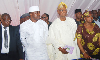 From left Mr Edward Dickson MD Tribune , Hon Dimeji Bankole Dr Gbolahan Dosumu , Amb Olatokunbo Awolowo Dosumu , at the ceremony Photo Shola Oyelese
