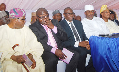 From left Sir Olanihun Ajayi , Mr Edward Dickson MD Tribune , Hon Dimeji Bankole Dr Gbolahan Dosumu , Amb Olatokunbo Awolowo Dosumu , Alh Atiku Abubakar former Vice president at the ceremony Photo Shola Oyelese