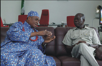 File Photo: The Esama of Benin, Chief Gabriel Igbenedion and Gov. Adams Oshiomhole, when the later visited him.