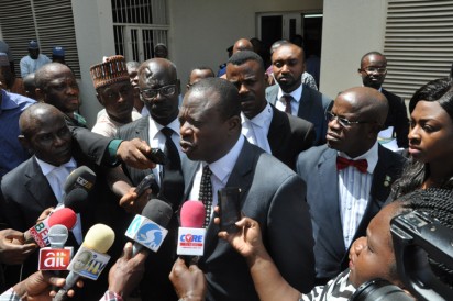 Bukola Saraki in Court: Counsel to Senate President Bukola Saraki, Abubakar Magaji SAN addressing pressmen as Saraki s lawyers walkout of the Court room during court sitting at Code of Conduct Tribunal in Abuja. Photo by Gbemiga Olamikan