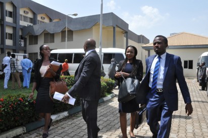 Bukola Saraki in Court: Counsel to Senate President Bukola Saraki walkout of the Court room during court sitting at Code of Conduct Tribunal in Abuja. Photo by Gbemiga Olamikan.