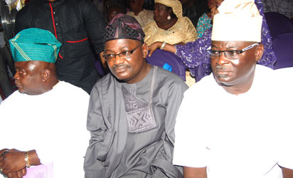From left Hon Oladipupo Adebutu, Hon Nosiru Isiaka and Hon Bisi Adesina at the ceremony Photo Shola Oyelese