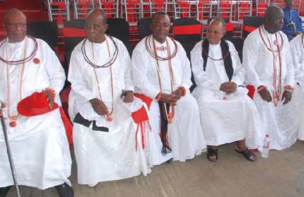 R-L: Chief Temile.A. Emmanuel, Chief Felix Esisi, Chief KofiKartey, Chief Joseph Popo, Chief Olley Eddy Eyitemi and others at the burial ceremony of the departed Olu of Warri, HRM. Ogiame Atuwatse II. Photos by: Akpokona Omafuaire. 