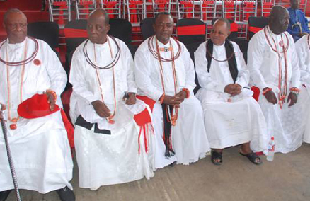 R-L: Chief Temile.A. Emmanuel, Chief Felix Esisi, Chief KofiKartey, Chief Joseph Popo, Chief Olley Eddy Eyitemi and others at the burial ceremony of the departed Olu of Warri, HRM. Ogiame Atuwatse II. Photos by: Akpokona Omafuaire.