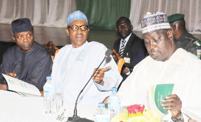FROM LEFT: VICE PRESIDENT YEMI OSINBAJO; PRESIDENT MUHAMMADU BUHARI AND THE SECRETARY TO THE GOVERNMENT OF THE FEDERATION, MR DAVID LAWAL DURING PRESIDENTIAL RETREAT FOR MINISTERIAL-DESIGNATES AT THE PRESIDENTIAL VILLA IN ABUJA ON THURSDAY (05/11/15)