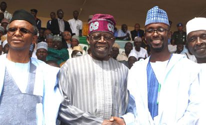 L-R GOVERNOR NASIRU EL-RUFAI OF KADUNA STATE,APC LEADER ASIWAJU AHMED BOLA TINUBU WITH THE STATE COMMISSIONER FOR BUDGET & PLANNING MALAM MOHAMMED SANI ABDULLAHI AND THE STATE DEPUTY GOVERNOR ARC.BALA BANTEX AT THE FLAG- OFF OF THE 1ST FACE OF KADUNA CABS SHEME AT MURTALA SQUARE, KADUNA ON WEDNESDAY.PHOTO;OLU AJAYI.