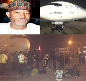 Minister of State for Aviation, Hadi Sirika (Top left) and the scene of the protest by passengers of Turkish Airlines