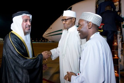 President Muhammadu Buhari being received by Sheikh Sultan Bin Zayed- 3rd Deputy Prime Minister of the United Arab Emirates (Left) and Ambassador of Nigeria to UAE, Amb. Ibrahim Auwalu at the Presidential Wing of the Abu Dhabi International Airport United Arab Emirates on Sunday, January 17, 2015