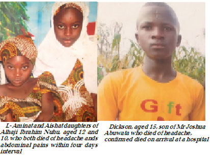 L- Aminat and Aishat daughters of Alhaji Ibrahim Nuhu, aged 12 and 10, who both died of headache ands abdominal pains within four days interval  & Dickson, aged 15, son of Mr Joshua Abuwata who died of headache, confirmed died on arrival at a hospital