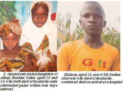 L- Aminat and Aishat daughters of Alhaji Ibrahim Nuhu, aged 12 and 10, who both died of headache ands abdominal pains within four days interval & Dickson, aged 15, son of Mr Joshua Abuwata who died of headache, confirmed died on arrival at a hospital