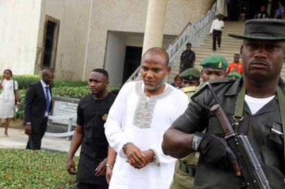 Detained leader of Indigenous People of Biafra, IPOB, Nnamdi Kanu in court, yesterday.