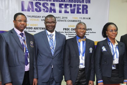L-R: Deputy Vice Chancellor, Prof. Kayode Adekeye with Director ,World Bank Funded African Center of Excellence for Genomics of Infectious Diseases, Prof. Christian Happi, Vice Chancellor, Prof. Debo Adeyewa and the Registrar, Mrs. Bolatito Oloketuyi during the Press Conference on New Research Breakthrough on Lassa Fever, held at Redeemers University, Ede in Osun State.