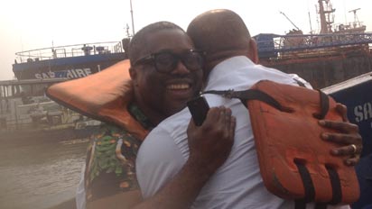 •Prophet Charles Anekwe and Osita Onumonu jubilation over the release of the vessel)