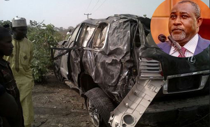 The state of Ocholi's car after the accident along Kaduna-Abuja road on Sunday. Inset: Ocholi