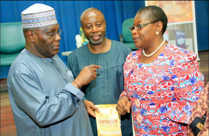 Former Vice President, Atiku Abubakar; Author, Chido Onumah and former Education Minister, Dr. Oby Ezekwesili, at the launch of Onumah's book, "We Are All Biafrans, in Abuja, on Tuesday, May 31, 2016.