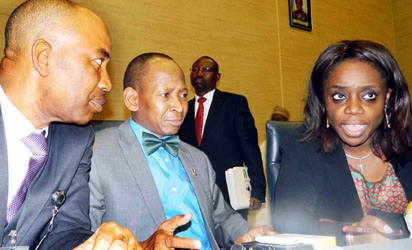 FAAC MEETING: From left, Director of Funds, Office of the Accountant General of the Federation, Mr Salawu Zubairu; Accountant-General of the Federation, Alhaji Ahmed Idris and Finance Minister, Mrs Kemi Adeosun, at the Federation Account Allocation Committee (Faac) meeting, in Abuja, Wednesday night. Photo: Nan.