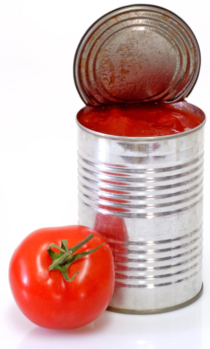 Can of peeled tomatoes on bright background