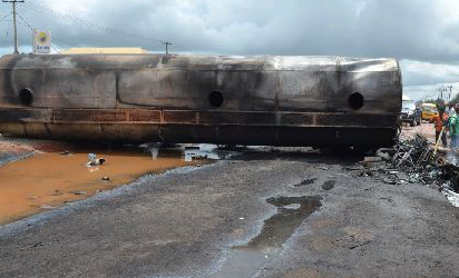 Fully-laden petrol tanker fell along Benin-Auchi Road, Edo State, yesterday, burning three houses, six cars and injuring many people. No life was lost during the inferno.