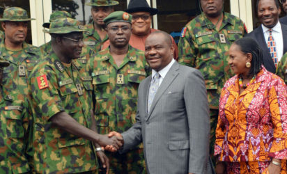 : Rivers State Governor, Nyesom Ezenwo Wike (m) , Deputy Governor, Dr Mrs. Ipalibo Harry Banigo and Chief of Army Staff, Lieutenant General Tukur Buratai after the visit of General Buratai to Government House, Port Harcourt on Monday.