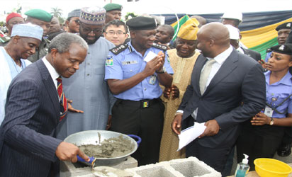 FOUNDATION LAYING: From left; Chairman, Senate Committee on Police Affairs, Senator Abu Ibrahim; Vice President Yemi Osinbajo; Inspector General of Police, Ibrahim Idris;   Chairman, House Committee on Police Affairs, Hon. Haliru Jika;  Chairman, Police Service Commission, Chief Mike Okiro and the CEO Hardcore Biometric Systems, Nasa Anthony at the foundation laying ceremony of the Nigeria Police Force Crime and Incident Data Base Centre at the Force Headquarters, Louis Edet House, Abuja. Photo by Abayomi Adeshida