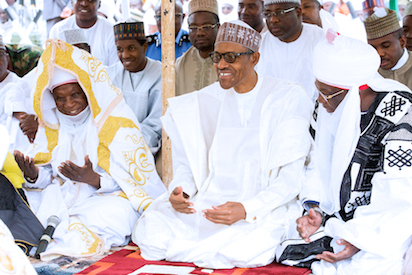 President Buhari, the Emir of Daura, Alhaji Umar Farouk Umar and Magajin Gari of Daura Alhaji Musa Umar at the Eid-El-Kabir Prayer in Daura Katsina on 12th Sep 2016