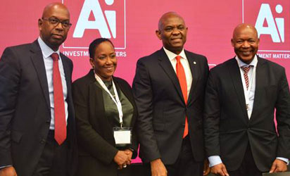 Mr. Tony Elumelu, Chairman Heirs Holdings (2nd right) with recipients of the 'Person of the year’ award, Mr. Bob Collymore, CEO Safaricom (right), Ms. Vicki Fuller, CIO, New York State Common Retirement Fund (2nd left) and Dr Daniel Matjila, CEO, Public Investment Corporation of South Africa at the AI Investment Summit in New York.