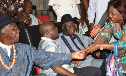 IN SEARCH OF PEACE—From left: Amanyanabo of Twon-Brass, His Royal Highness, Alfred Diete-Spiff; Co-Chairman, Obong Victor Attah; Chief Convener, Chief Edwin Clark and former Presidential Adviser on Legislative Matters, Senator Florence Ita-Giwa, during the Pan Niger Delta stakeholders meeting for a lasting peace initiative in the region, hosted by Clark at his residence in Asokoro, Abuja, weekend. Photo: Abayomi Adeshida.
