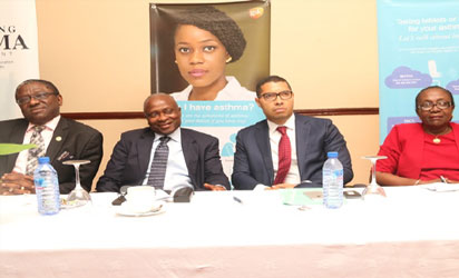 LAUNCH: From left - Professor Adewale Oke; Chief Medical Director, LASUTH, Ikeja; Lagos State Commissioner for Health, Dr. Jide Idris;  MD, GSK Pharma, Mr. Cesar Marval,  and Director Health Planning, Research and Statistics, Dr. Olufemi Taiwo, during the launch of Guidelines for the Management of Asthma held at Sheraton Hotel, Ikeja , Lagos last week. 