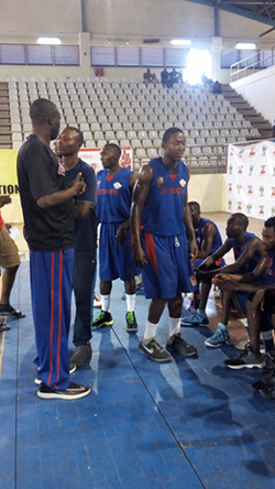 •BACK TO BASE... Players of the Nigeria Security Civil Defence Corps, NSDC defenders during a time out of their game. Photo: Oluwafemi Adefeso