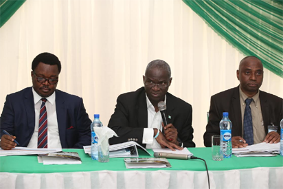  Hon . Minister of Power, Works & Housing, Mr Babatunde Fashola, SAN( middle),  Managing Director of Niger Delta Power Holding Company Limited(NDPHC), Mr Chiedu Ugbo (left)  and Managing Director of Transmission of Nigeria (TCN), Dr Abubakar Atiku (right) during the 10th  Monthly Meeting of the Hon. Minister with Operators in the Power Sector hosted  by the Niger Delta Power Holding Company Limited at the Ikot Ekpene NIPP 330 KV Switching Station, Ikot Ekpene ,Akwa Ibom State.