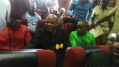  Nnamdi Kanu and two others before the Federal High Court in Abuja, on Tuesday, November 8, 2016.