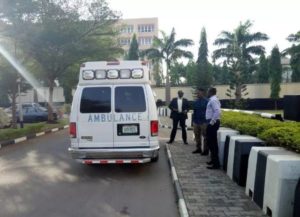 Metuh on stretcher, arrives court in Ambulance